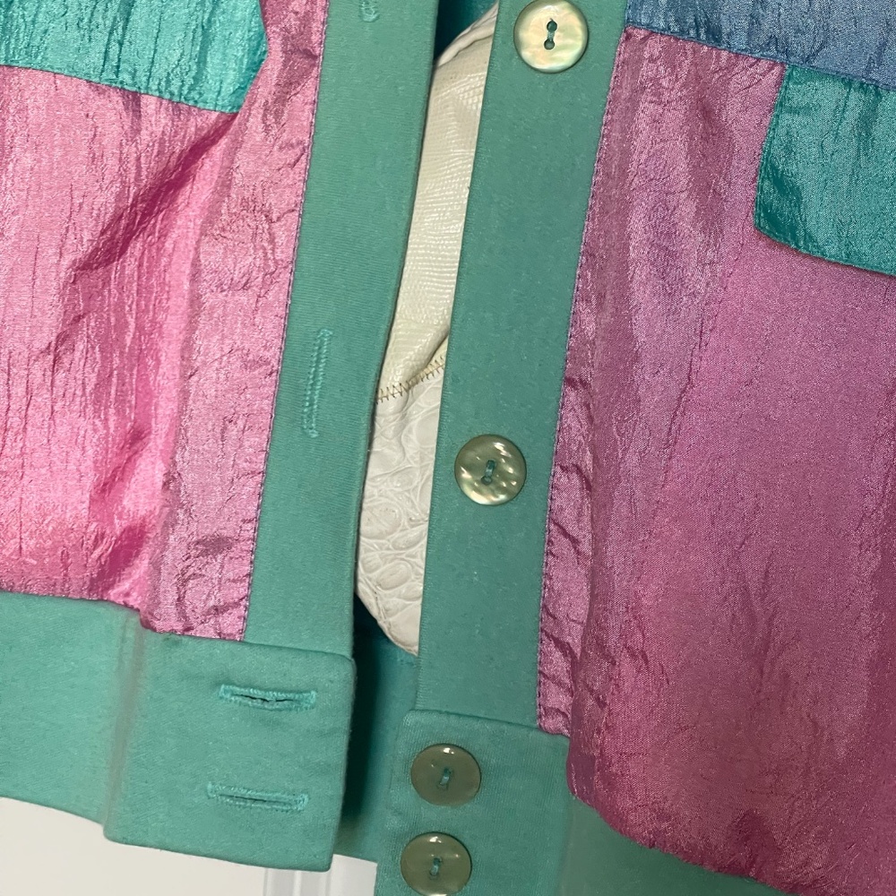 Vintage Marie St. Monet Colorblock Jacket | Teal Blue Pink Silk Feel Button Fron - Picture 2 of 5